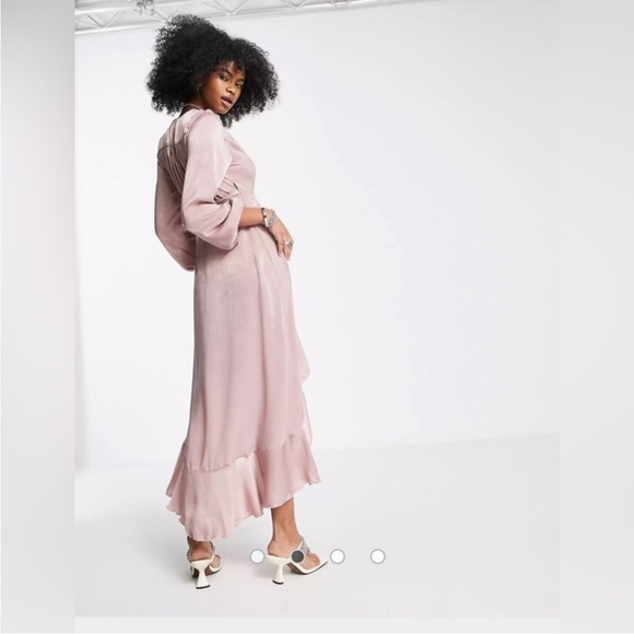 NWT ASOS flounce London satin long sleeve wrap maxi dress blush pink - Picture 2 of 3